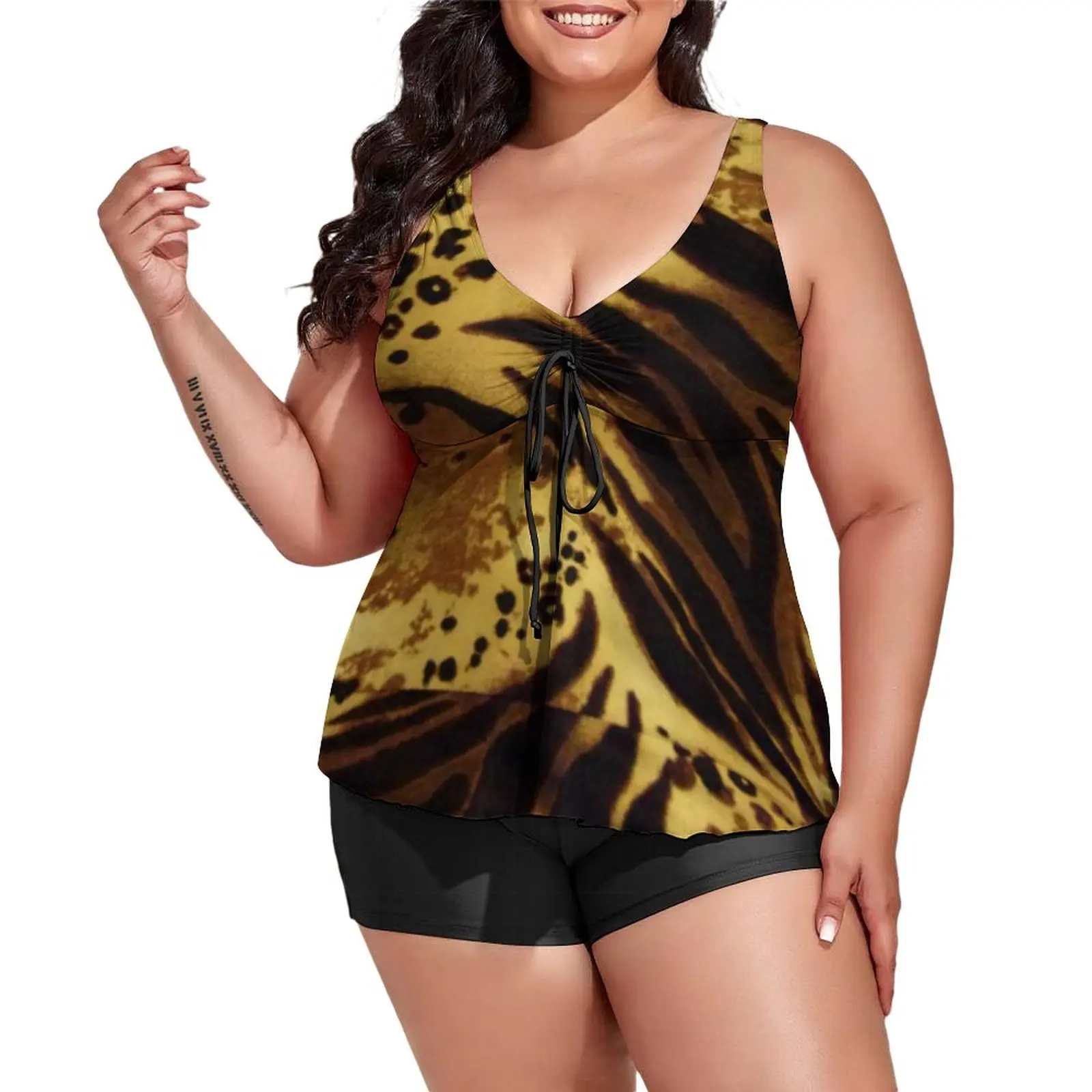 

Cheetah Brown Tankini Swimsuit Animal Print Surfing Swimwear Two Piece Aesthetic Swimsuits High Waist Beach Wear Large Size 4XL