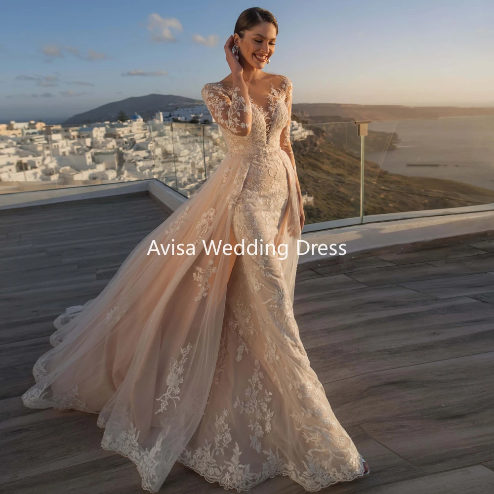 

Avisa Vestido De Novia Long Sleeve Lace Mermaid Wedding Dress 2023 Sexy Illusion Detachable Train Trumpet Vintage Bridal Gown