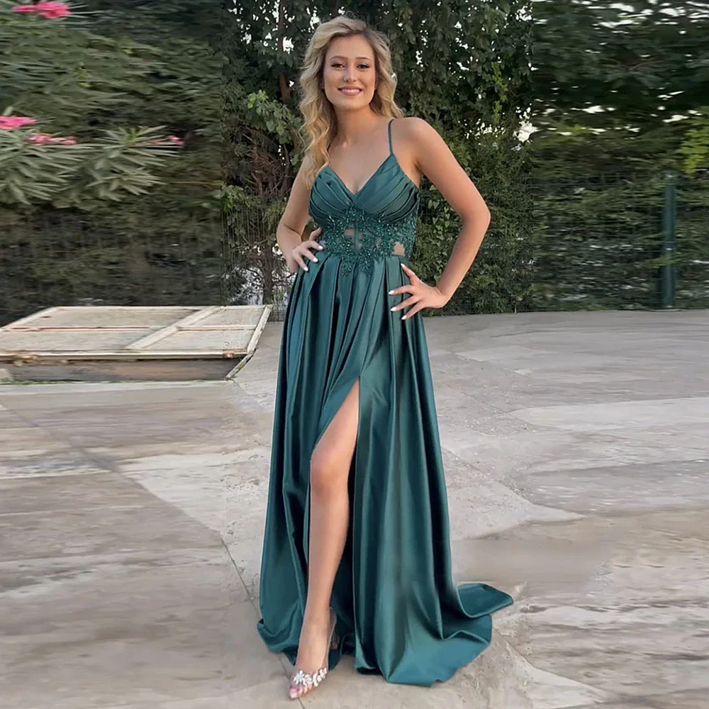 

Flavinke Green Prom Dresses for Wedding Satin Applique Spaghetti Strap Arabic Evening Gown Side Slit Party Dress robes de soirée