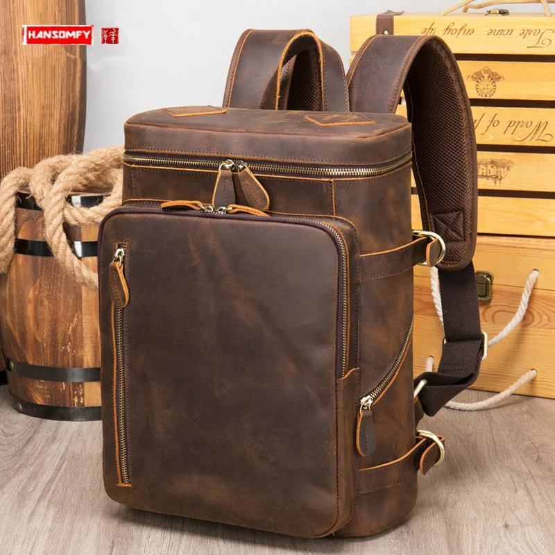 

Crazy Horse Leather Men's Backpacks 2023 New Korean Style Computer Bag Retro Travel Backpacks Large Capacity Schoolbag