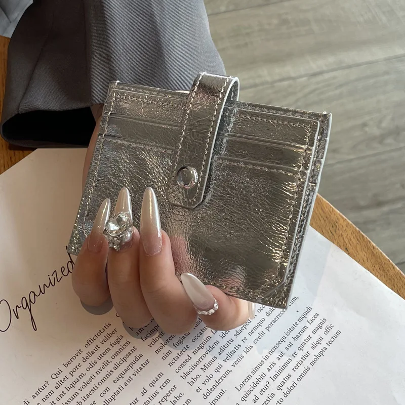 

New Silver Glossy Genuine Leather Wallet for Women Multi-card Slot Clutch Zipper Coin Purse Cute Coin Bag Key ID Card Holder