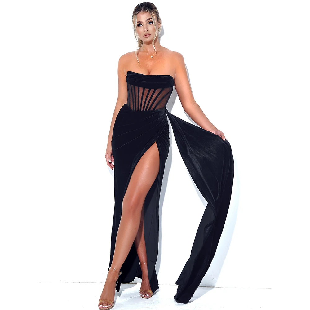 

Sexy Evening Dress Long Black Velvet High Slit Sheath/Column Evening Gown for Women Strapless Backless Illusion Prom Party Dress