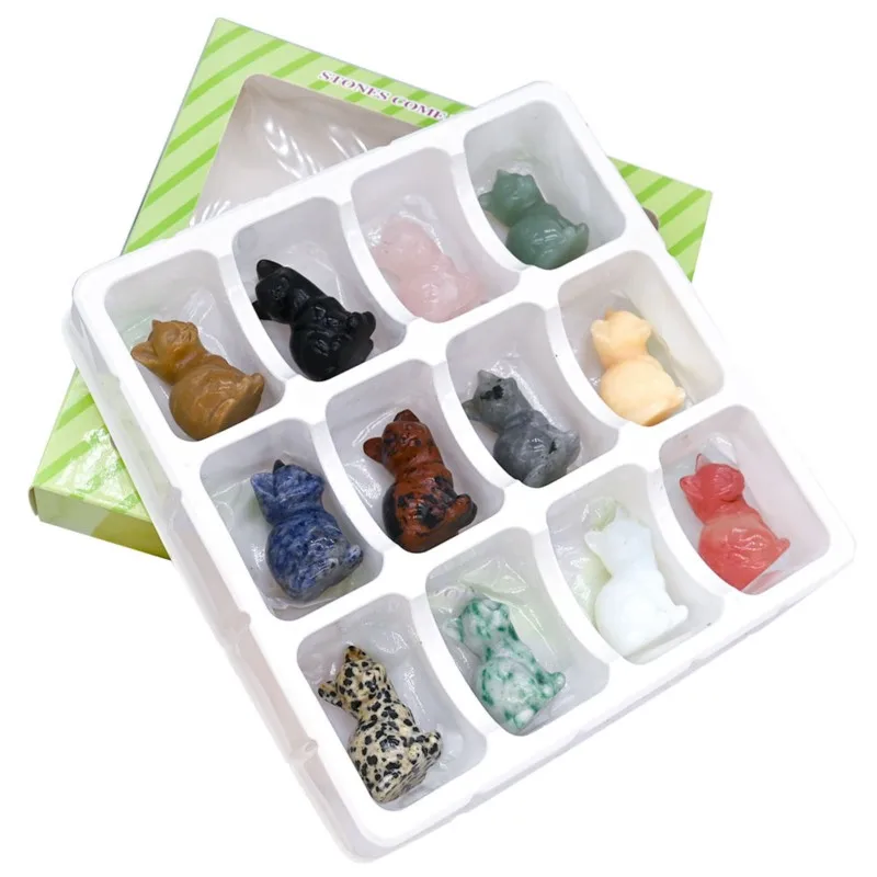 12pcs/set Natural Crystal stone Cute lucky Cat Kitty Carving Gift Home Decor Reiki healing Stone Ornaments 37*24mm
12pcs/set Natural Crystal stone Cute lucky Cat Kitty Carving Gift Home Decor Reiki healing Stone Ornaments 37*24mm