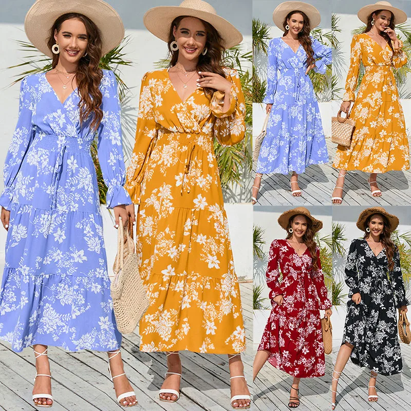 

Casual V-neck Long Sleeve Vintage Floral Dress Summer Outfits for Women 2024 Fashion Casual High Waisted Bohemia Female Dresses