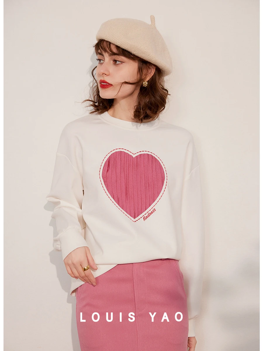 

LOUIS YAO Women Sweatshirt Round Neck Long Sleeve 2024 Spring New Drop Shoulder Sleeve Loose Fit Casual Love Shape Pullover Top