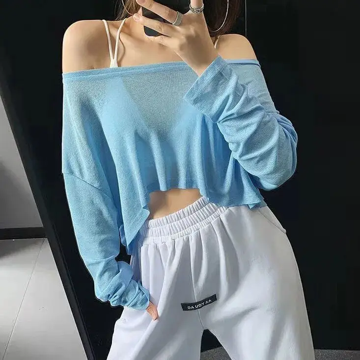 

Net red sports blouse female fitness running loose short section navel long-sleeved ultra-light outer sunscreen top ins tide