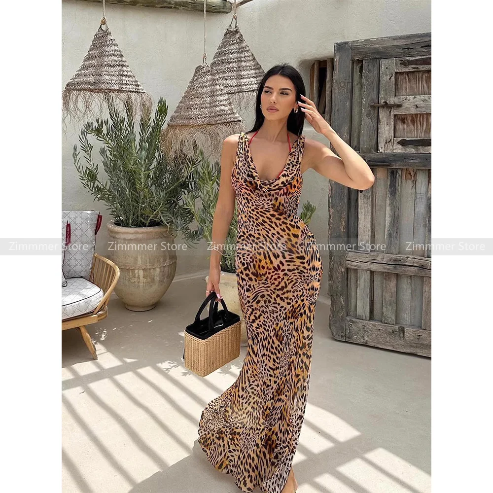 

24 Spring Summer Sexy Resort Style Thin Sheer Chiffon Extra Long Floor Length Trailing Leopard Print Backless Swing Neck Dress