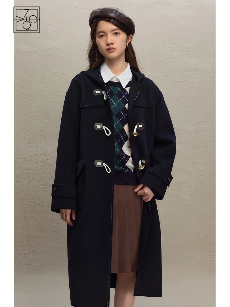 

ZIQIAO Vintage Preppy Style All Wool Horn Button Double-sided Woolen Coat for Women 2023 Winter New Mid-length Hooded Wool Coat