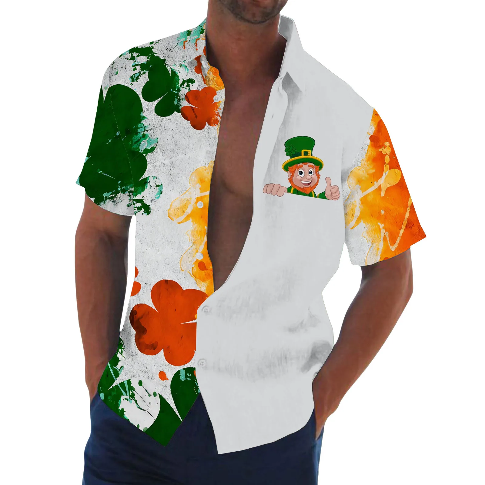 

Mens St. Patricks Day Printed Short Sleeved Lapel Shirt Men's Clothes Art 3d Digital Print Camisas De Hombre