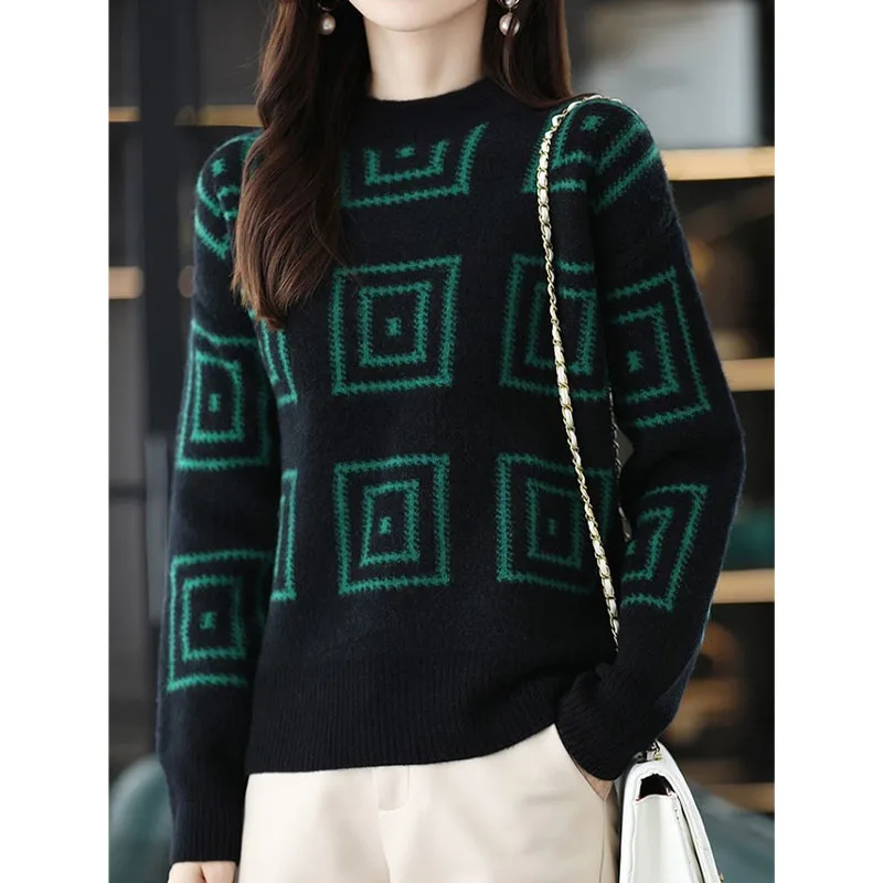 

Повседневные женские трикотажные пуловеры с воротником средней длины, женская одежда на осень и зиму, универсальные свитера с геометрическим узором
