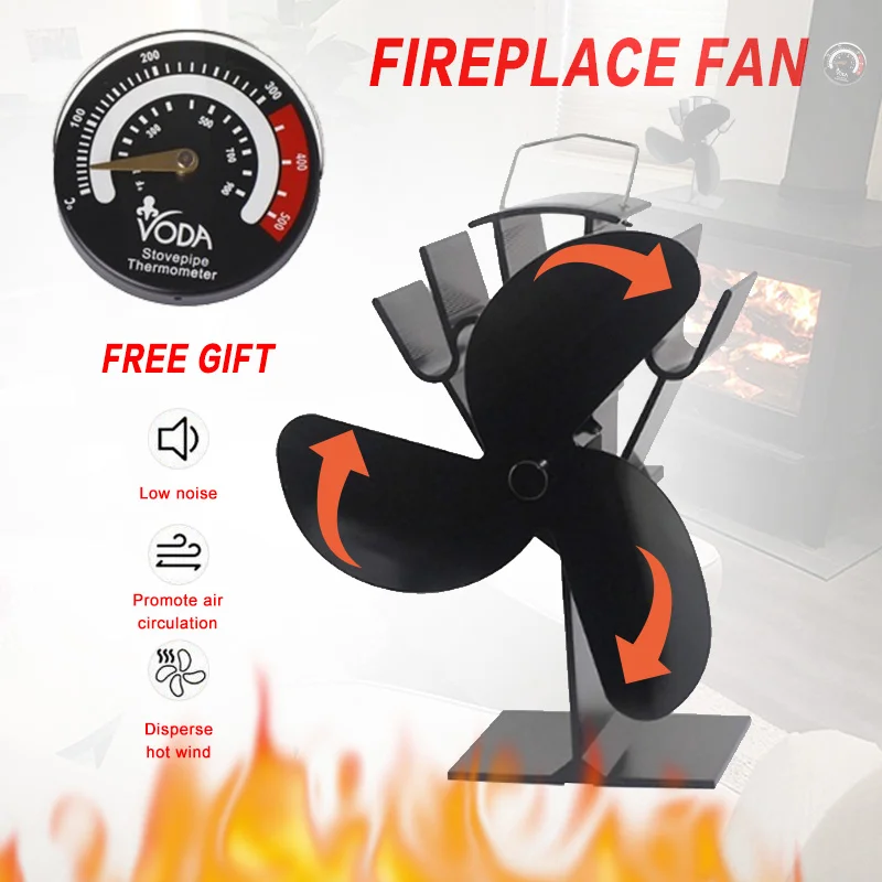 

Black Stove Fan 4 Blade Fireplace Fan Heat Powered komin Wood Burner Eco Fan Friendly Quiet Home Efficient Heat Distribution