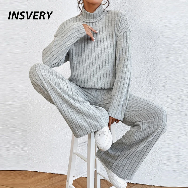 

Autumn Winter Casual Women Two Piece Set Long Sleeve Turtleneck Sweatshirt High Waist Pants Suit Homewear