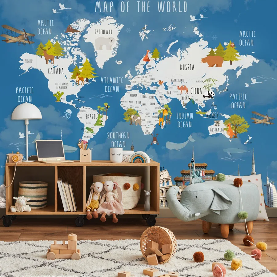 

Peel and Stick Custom Accept Contact Wall papers Home Decor World Map Photo Wallpapers for Living Room Cartoon TV Background Art