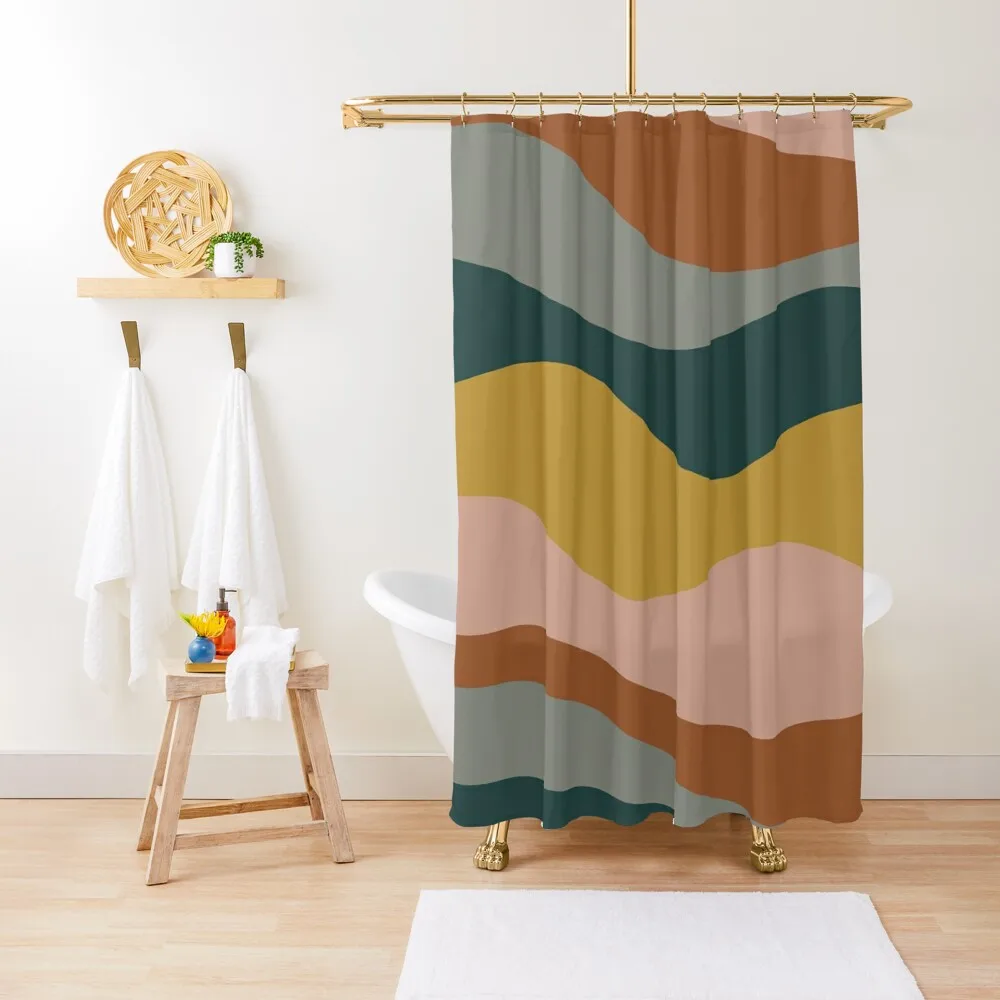 

Retro Waves Minimalist Pattern Rust, Blush Pink, Gray, Navy Blue, and Mustard Gold Shower Curtain Curtains For The Bathroom
