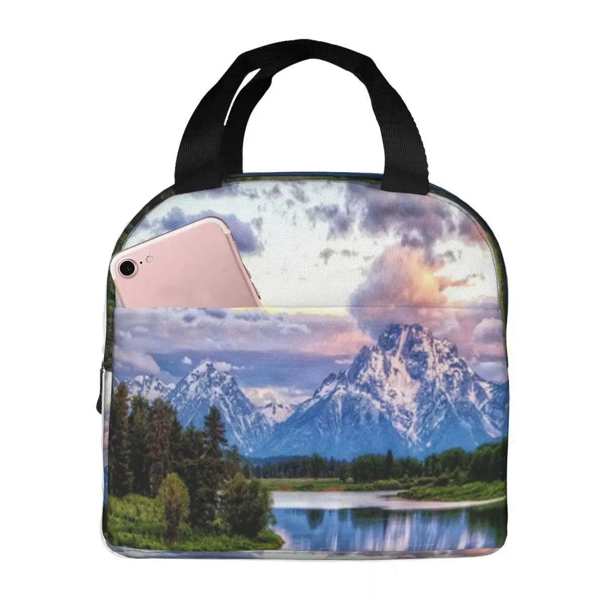 

Grand Snowy Mountains Lake Tree Portable Insulated Oxford Lunch Bag Reusable Lunch Box Lunch Organizer Thermal Cooler Tote Bag