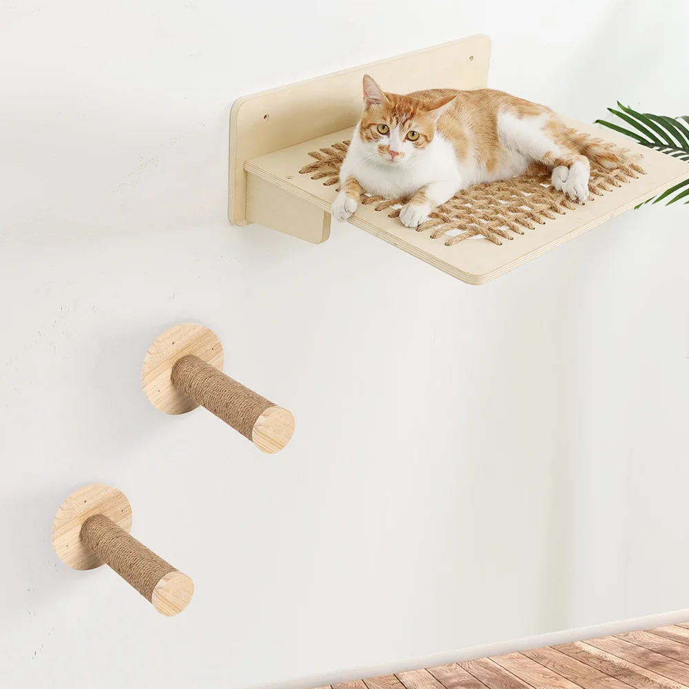 

Wall Mounted Cat Hammock with Ladder Climbing Scratching Post Shelves Set for Grinding Claws and Sleeping Pet Indoor Furniture