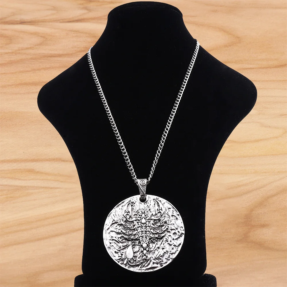 

Tibetan Silver Large Round Scorpion Pendant on Long Chain Necklace Lagenlook 34 Inches for Jewellery Women Men Gift