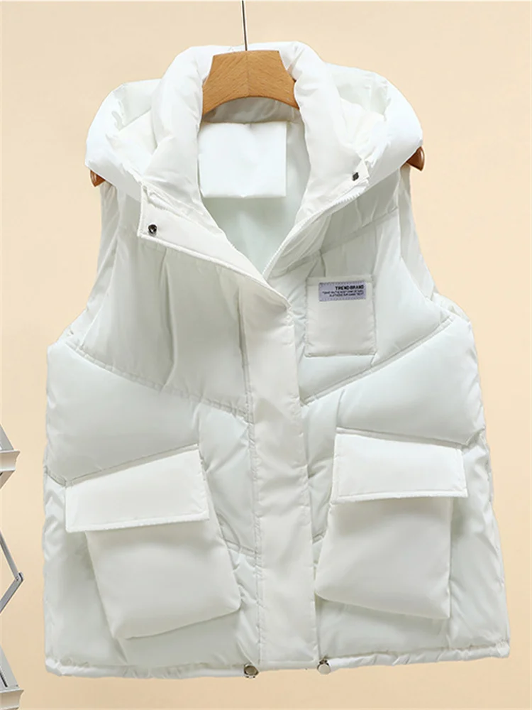 

Winter Cotton Vests Women Korean Hooded Waistcoats Female Warm Padded Vest Jacket Ladies Casual Loose Pocket Sleeveless Coats