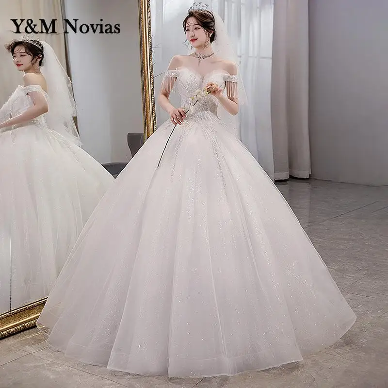 Новинка 2022, свадебное светильник во французском стиле Y & m, роскошное блестящее платье из блестящей ткани, платье для невесты с открытыми плечами