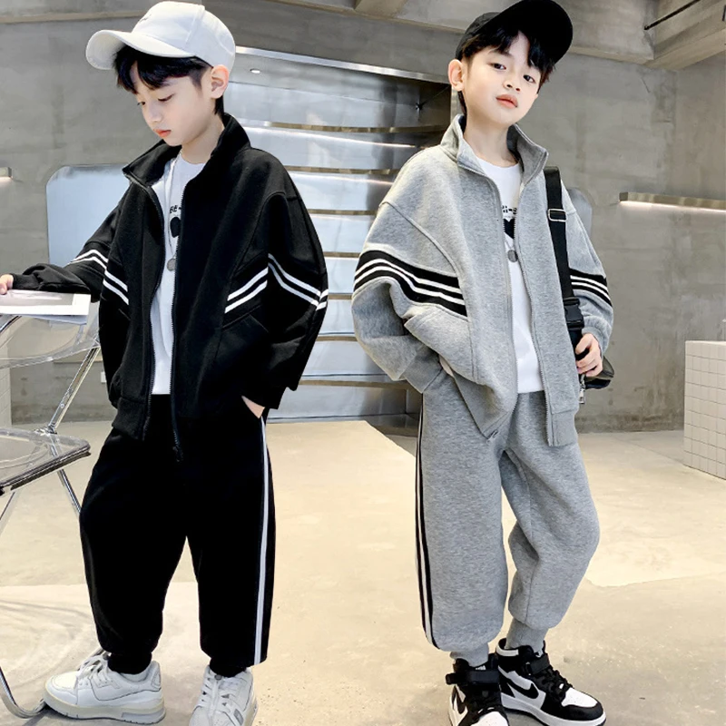 

4-12 Years Teenager Boys Cotton Clothing Sets Spring Autumn Fashion Striped Zipper Jacket Pants 2Pcs Outfits For Kids Tracksuits