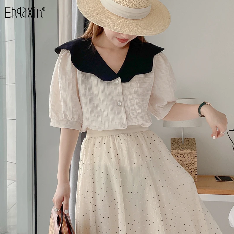 

EHQAXIN 2022 летняя новая женская рубашка модная корейский стиль Французский кукольный воротник пуговицы рубашки с коротким рукавом шикарные Стильные топы один размер