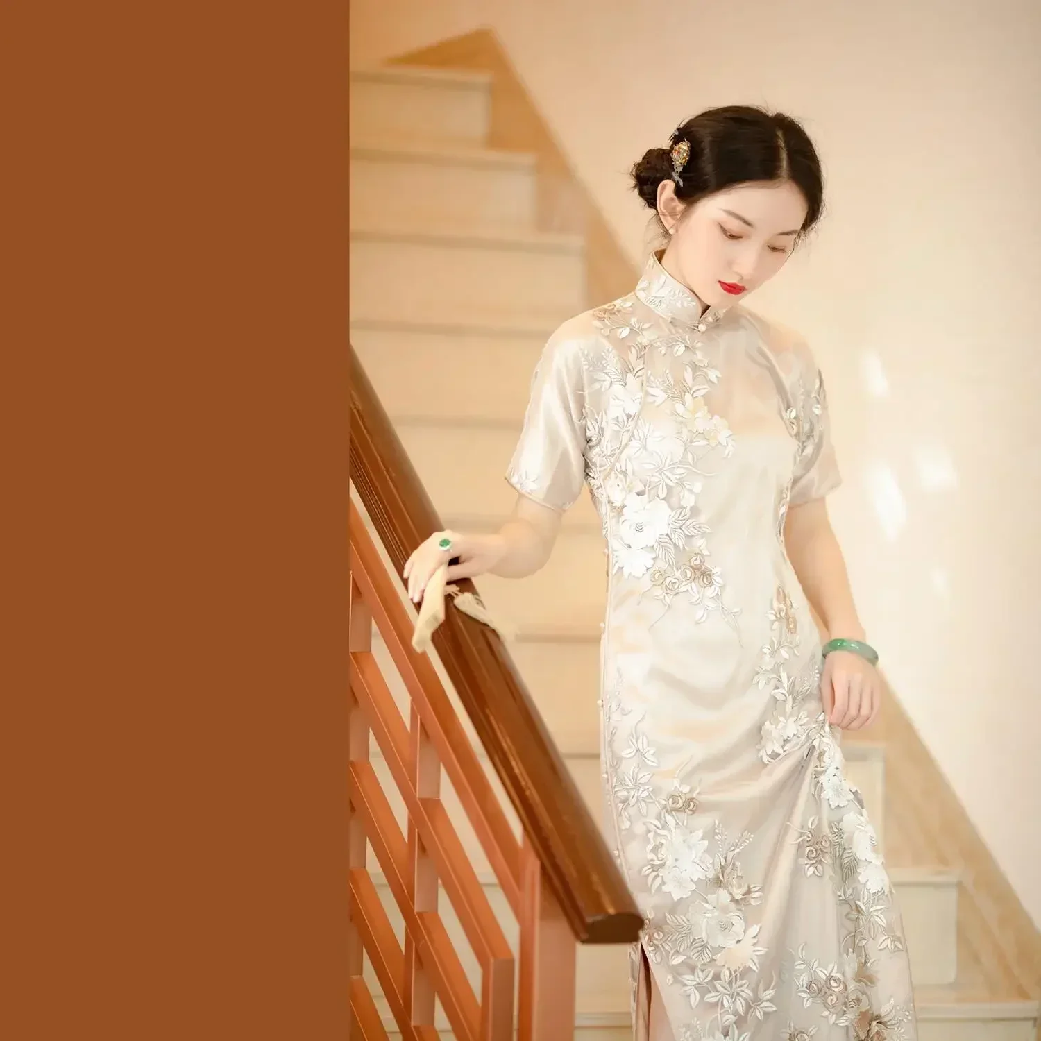 

Autumn Lace Pearl Embroidery Waist Improve Apricot Long Cheongsam Long Elegant Retro Traditional Chinese Style Women Dress Qipao