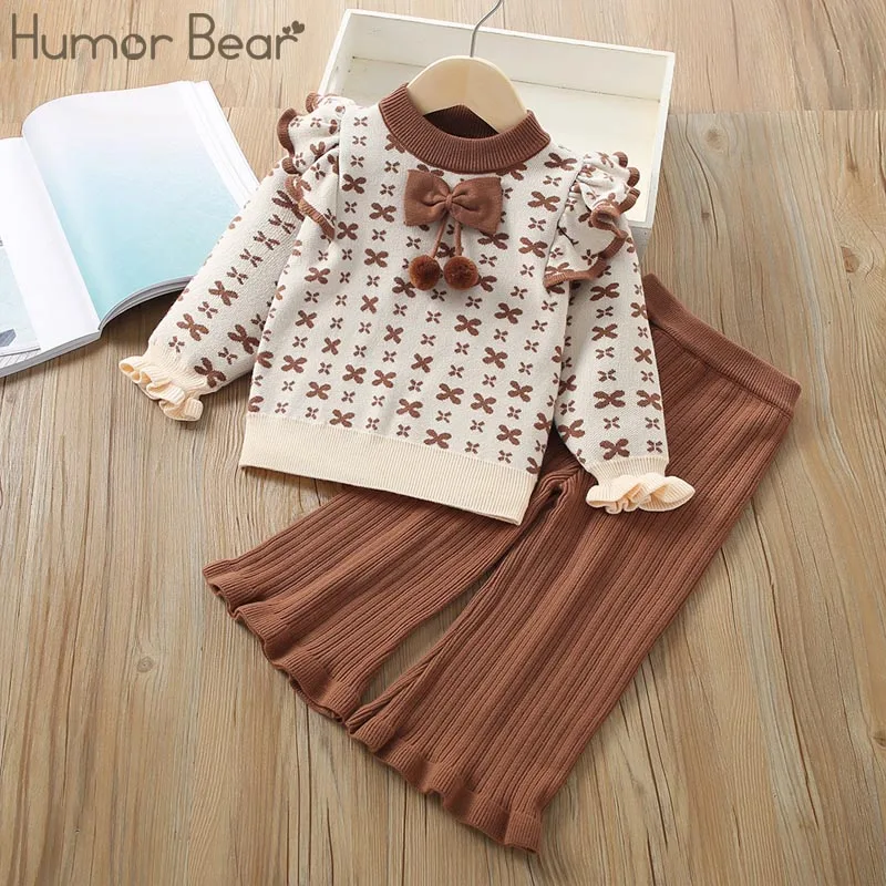 

Humor Bear Girls' Sweater Set New Flower Knitted Flare Pants Fashion Two Piece Set Vestidos Casual Outfit 2-6Y