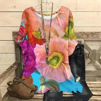 Camisas Fashion Femininas 6Cores S-4XL: Brilho Espelhado e Metálico 10 Fashions Woman Clothing Short Sleeve T-Shirt Round-Neck T Shirt Red Flowers Print Female Tops Oversized Women‘S Summer T Shirts