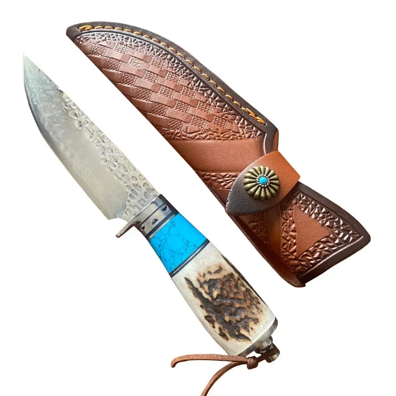 

Deer Antler Handle Fixed Blade Knife Handmade Damascus Steel Outdoor Camping Hunting Knives Tactical Military Tool for Survival