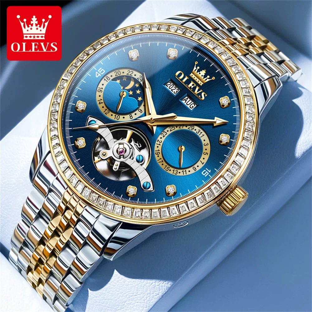 

OLEVS 7016 Flywheel Automatic Mechanical Watch Men Moon Phase Dual Calendar Display Business Luxury Brand Wrist watch for Men