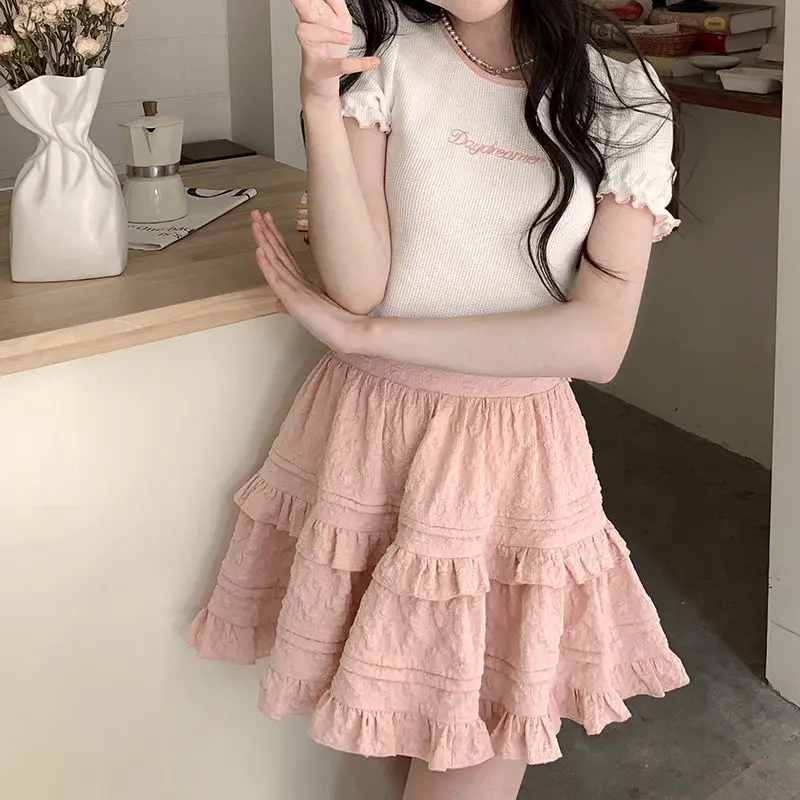 

Deeptown kawaii Japanese Style Women Mini Skirt Ruffle Layered Lolita Pink Cutecore Sweet Short Skirts Lace Elegant A-line Skirt
