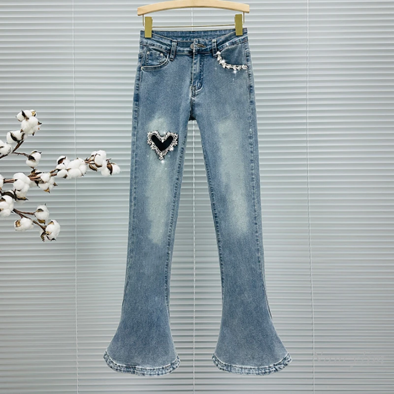 

Heart Shape with Diamond Flared Jeans Women's 2024 Trendy New Spring and Summer High Waist Slim Ripped Bootcut Trousers Pants