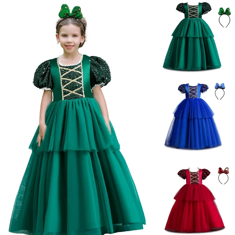 

Children's Sequin princess skirt 5-14 years old girls fashion mesh bubble sleeve puffy skirt banquet Christmas evening dress