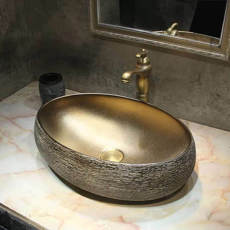 

Европейские Керамические раковины для ванной комнаты, Золотая столешница, креативная винтажная раковина для дома и отеля, раковина с одной раковиной, художественный дизайн