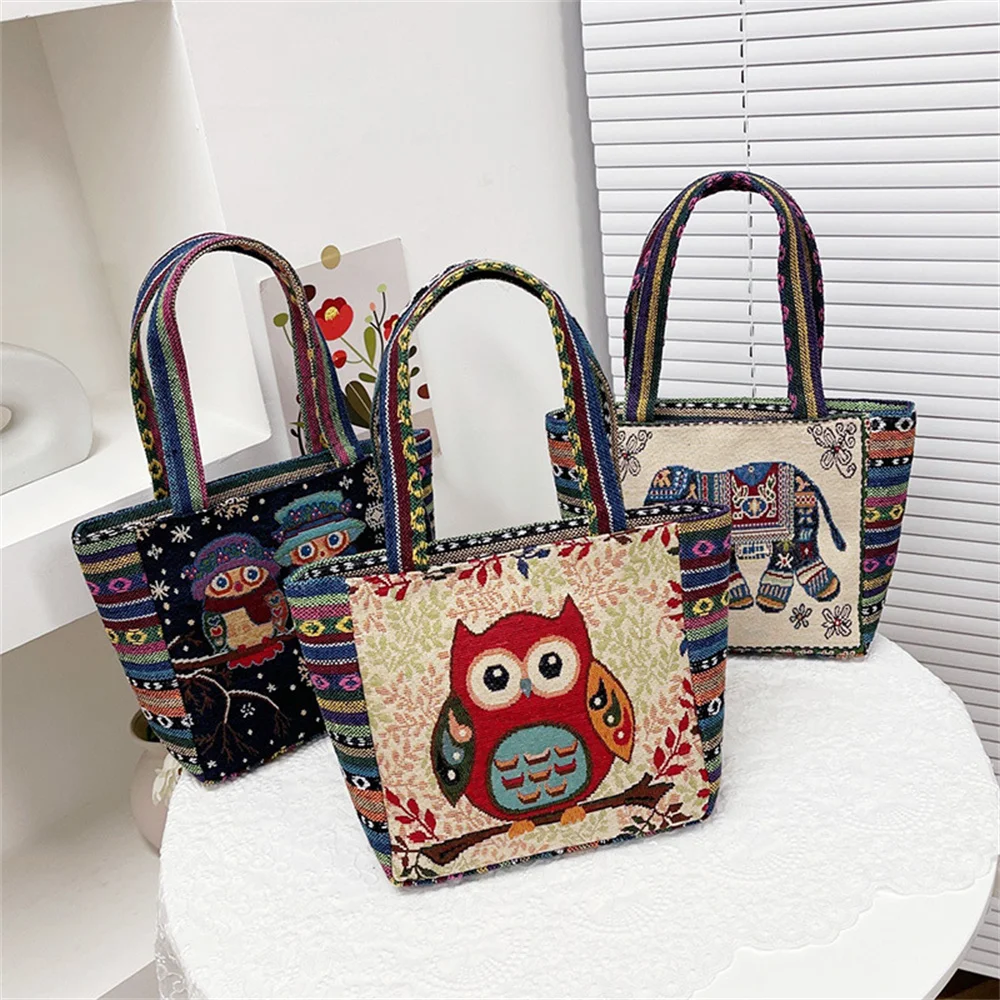 

Women's Cartoon Owl Elephant Printed Handbag Canvas Embroidered Reusable Shopping Shoulder Bag Ladies Satchel Casual Tote Bags