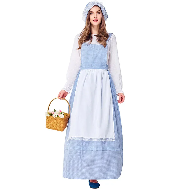 

Womens Maid Cosplay Pastoral Style Blue Lattice Farm Dress Party Stage Performance Costume