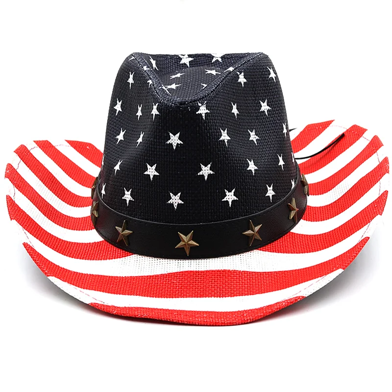 

Simple Straw Cowboy Hat Women Men USA American Flag Western Sombrero Hombre Hat Outback Toyo Sun Hat