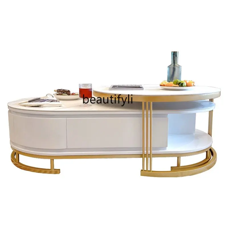 

Nordic Stone Plate Retractable TV Cabinet and Tea Table Combination Modern Living Room Small Apartment Light Luxury Coffee Table