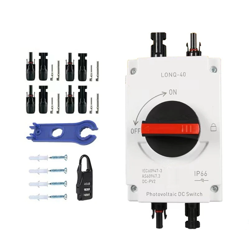 32A 4P PV Disconnector Switch+Connector+Wrench DC1200V GF40 Outdoor IP66 Waterproof Diverter Switch Rotary Switch 
32A 4P PV Disconnector Switch+Connector+Wrench DC1200V GF40 Outdoor IP66 Waterproof Diverter Switch Rotary Switch
