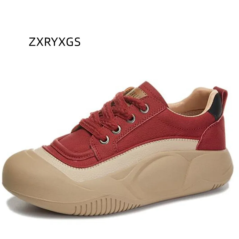 

ZXRYXGS 2024 Fashion Versatile Women Genuine Leather Sneakers Handsome British Lace Up Thick Sole Wedges Large Size Casual Shoes