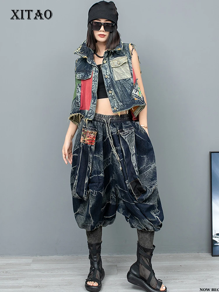 

XITAO Denim Pants Sets Personality Fashion Irregular Contrast Color Patchwork Vest Calf-length Pants Two Pieces Sets LYD1878