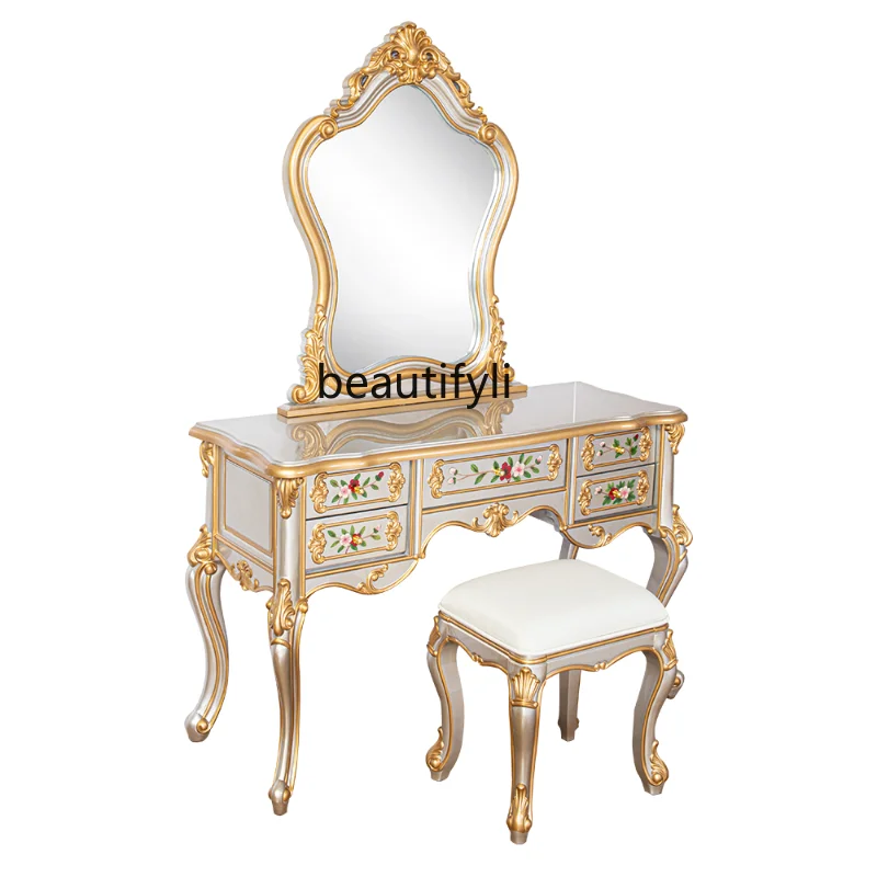 European-Style Carved Painted Paint Bedroom with Mirror Dressing Table Small Apartment Solid Wood Dresser drawer furniture 
European-Style Carved Painted Paint Bedroom with Mirror Dressing Table Small Apartment Solid Wood Dresser drawer furniture