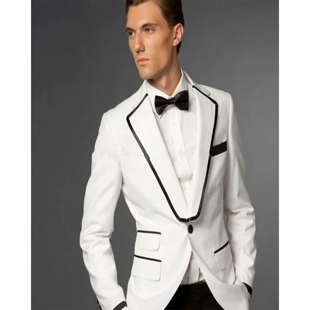 

Handsome Men's Suits White Jacket Black Pants 2 Piece Skinny Full Set Notch Lapel Single Breasted One Button Business Outfits