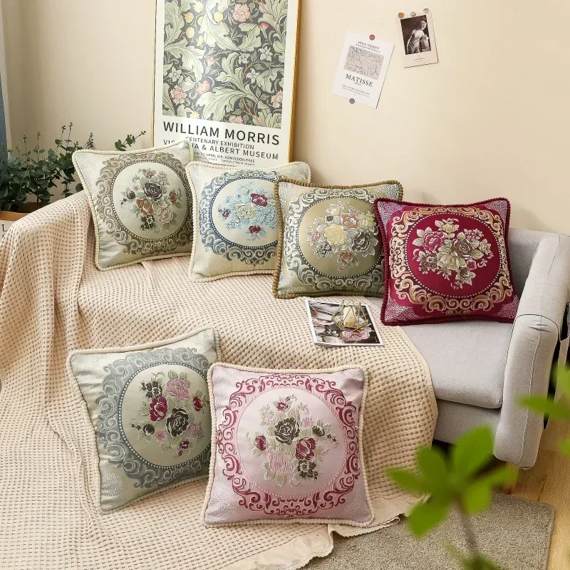 

Flowers Embroidery Cushion Cover Embossed Pillowcases Bead String Jacquard Cushion Covers for Living Bedroom Home Decor 48x48cm