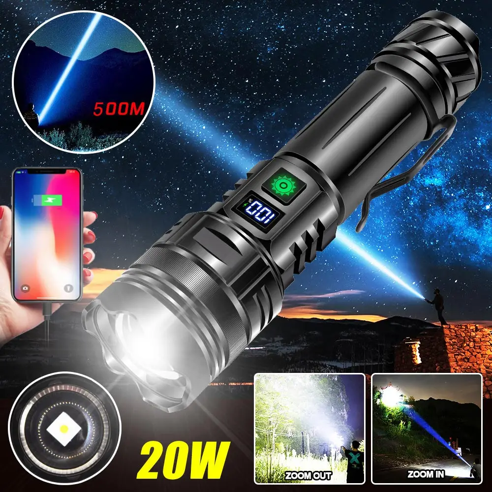 

Powerful 20W White Laser Long Shot Zoomable Flashlight USB Rechargeable Torch Hunting Camping Spotlight Lantern As Power Bank