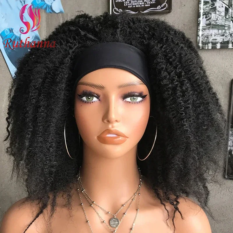 

Afro Kinky Curly Headband Wig 250% Density Synthetic Short Curly Wig For Women Ice Ribbon Fluffy Explosive Head Wig Daily Use