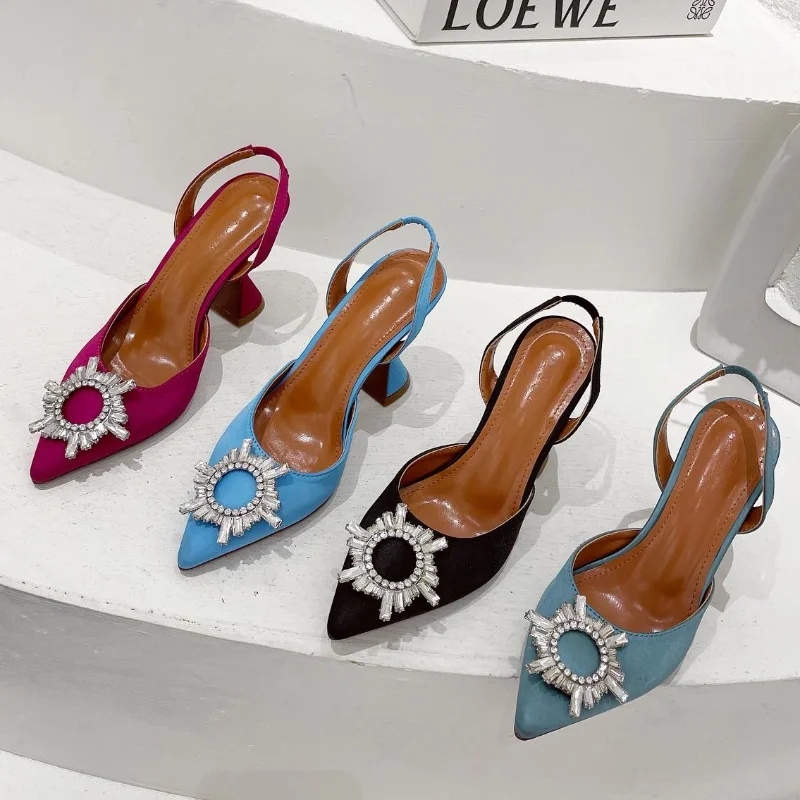 

New Summer Women's High-heeled Shoes with Pointed Toe, High Wine Glass and Sunflower Rhinestone Pointed Toe Back Sandals