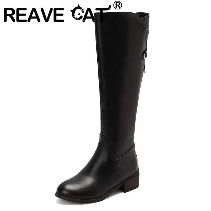 

REAVE CAT Ladies Knight's Styles Boots Knee-high 39cm Big Opening 40cm Mid Heels 4cm Round Toe Plus Size 46 47 48 Retro Booties