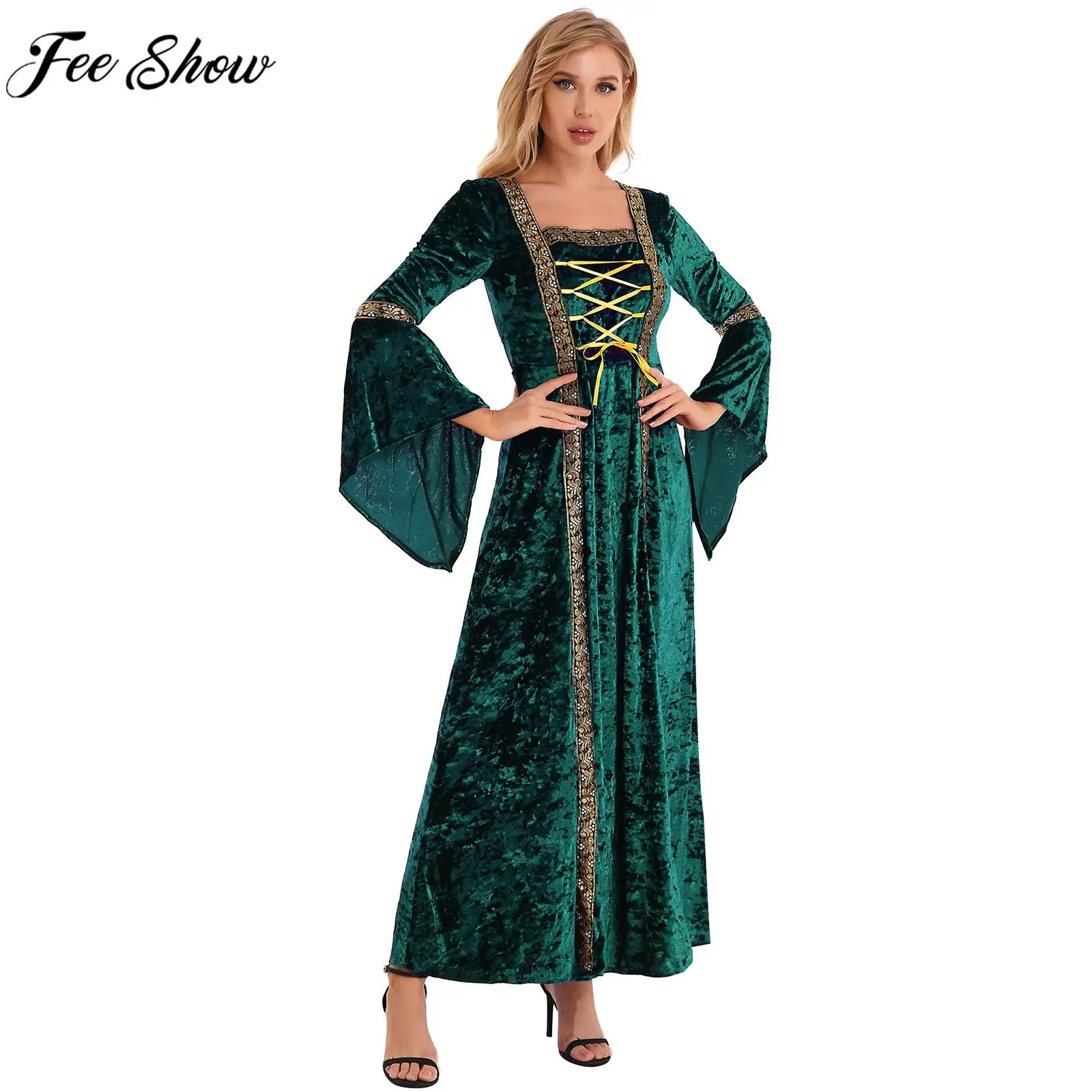 Womens Halloween Medieval Renaissance Cosplay Stage Performance Costume Flare Sleeve Lace-up Velvet Gown Dresses for Theme Party
Womens Halloween Medieval Renaissance Cosplay Stage Performance Costume Flare Sleeve Lace-up Velvet Gown Dresses for Theme Party