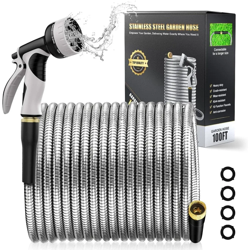 

100Ft Garden Hose with 10 Function Nozzle, Puncture Resistant, Flexible, Never Kink & Tangle, Stainless Steel Garden Hose